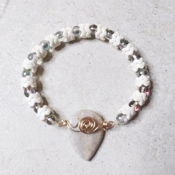 Wintery Coral Fossil Bracelet w. Howlite & Glass Beads | Handmade Holiday Gift - Picture 4 of 10
